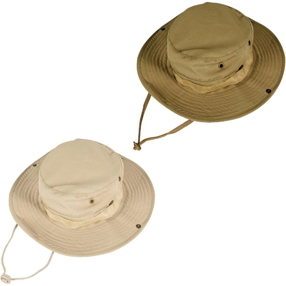 Women's Beige & Khaki Pack Of 2 Wide Brim Boonie Chin Strap Classic Bucket Hat